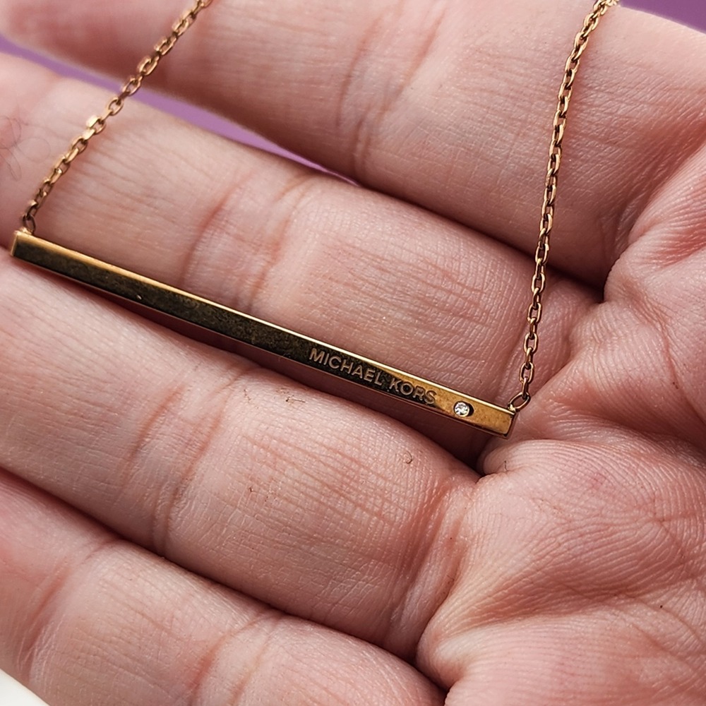 Michael Kors Gold Tone Bar Pendant Necklace Clear Rhinestone Minimalist Dainty